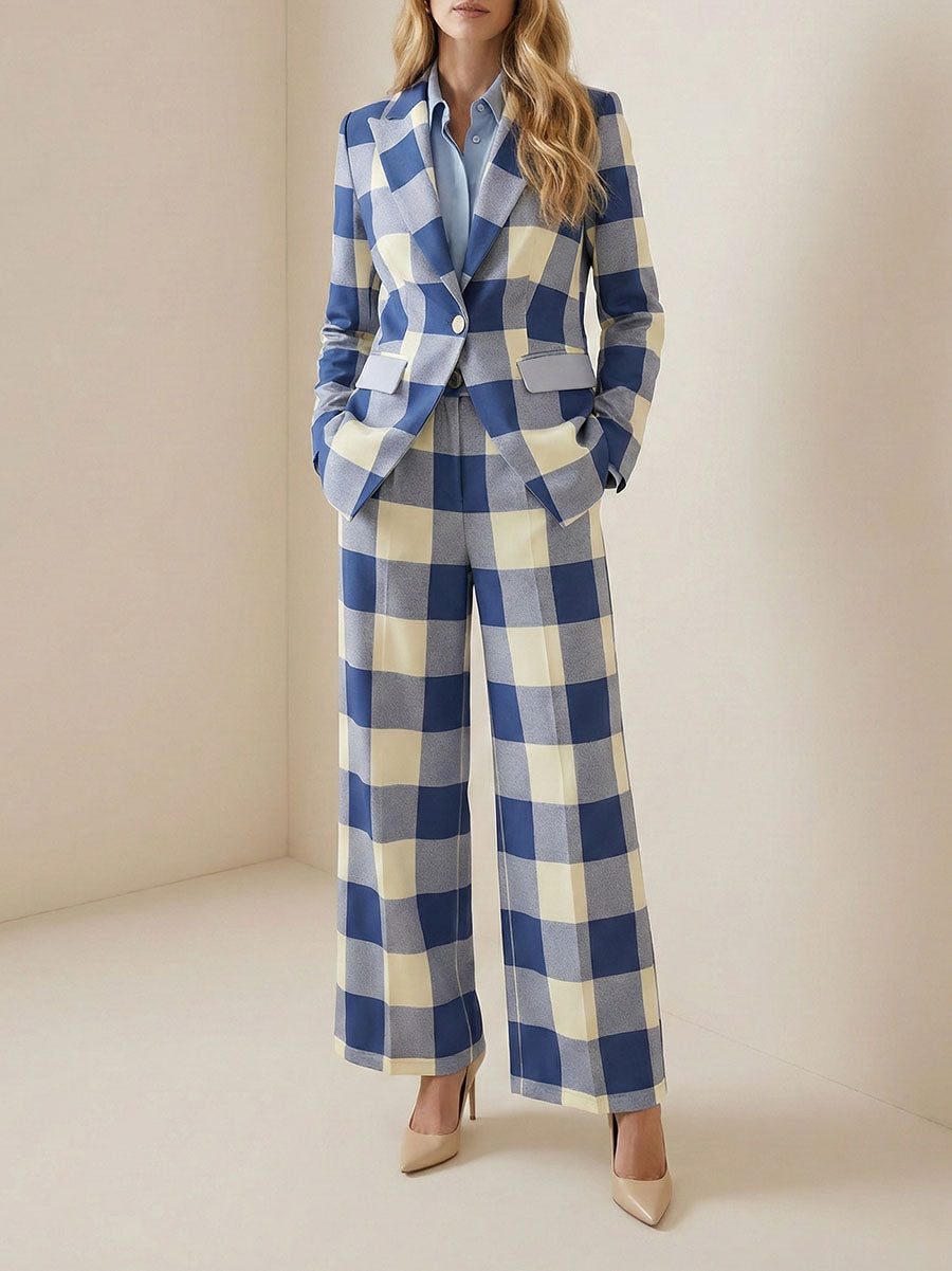 Women's blue checked blazer with notched collar, long sleeves and flap pockets