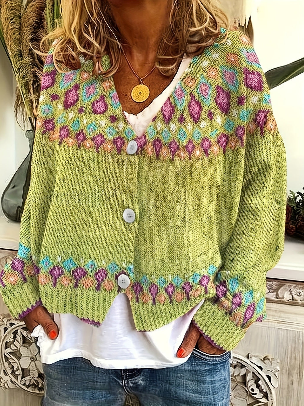 Women's multicoloured knitted cardigan with floral pattern bands and button front