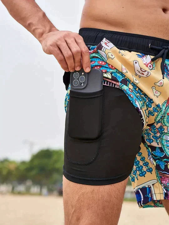 Men's slim fit swim shorts with printed pattern and interior lining, drawstring waist