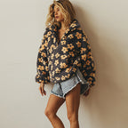 Women's floral half-zip pullover with stand collar and long sleeves