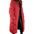 Women's longline hooded cable knit cardigan with button front
