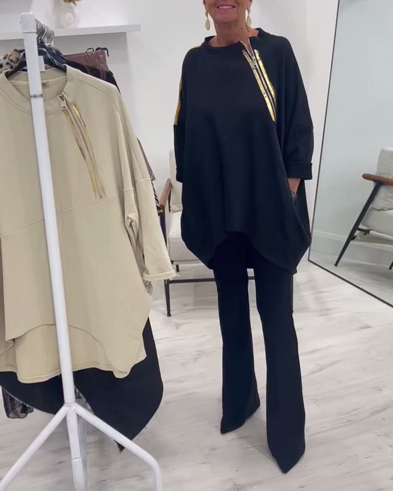 Women's oversized navy sweatshirt with side zip pockets