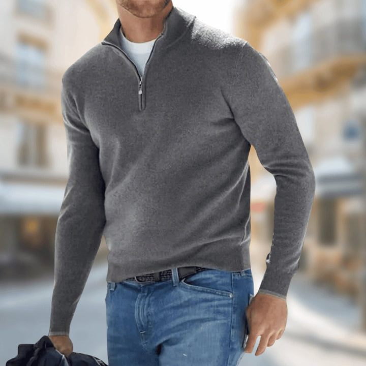 Men's long-sleeve quarter-zip knit sweater with mock neck