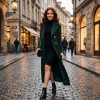 Women's long double-breasted coat with lapel collar, belt and side pockets