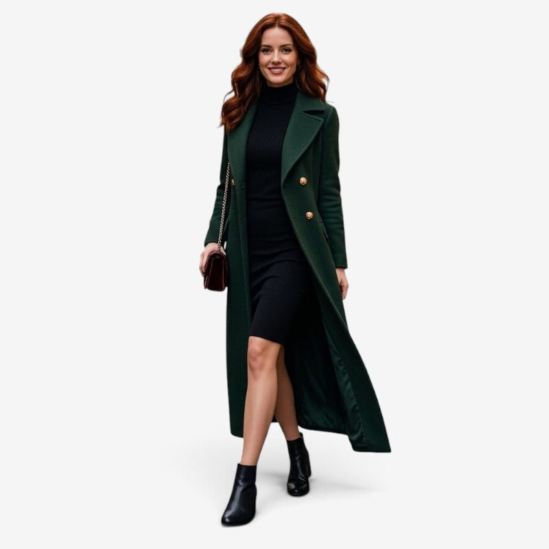 Women's long double-breasted coat with lapel collar, belt and side pockets