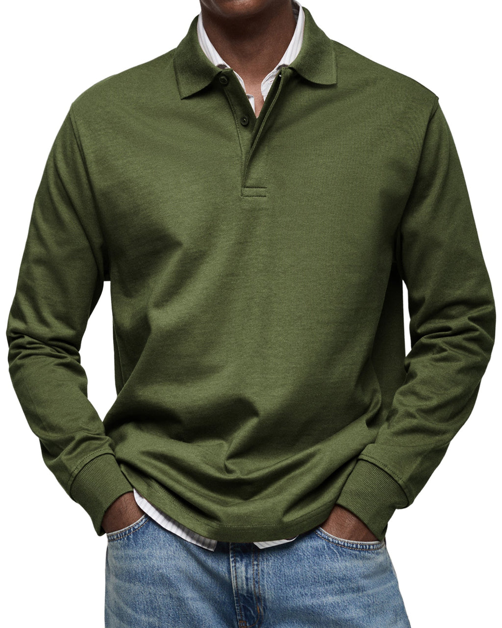 Men's long sleeve polo sweater with collar, button placket and ribbed trims