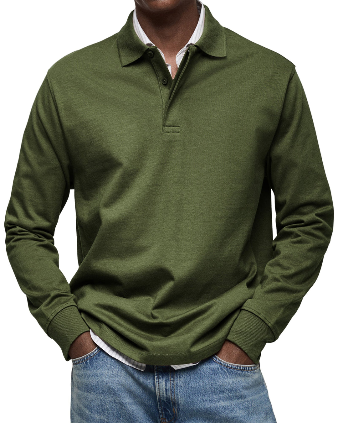 Men's long sleeve polo sweater with collar, button placket and ribbed trims