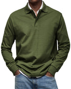 Men's long sleeve polo sweater with collar, button placket and ribbed trims