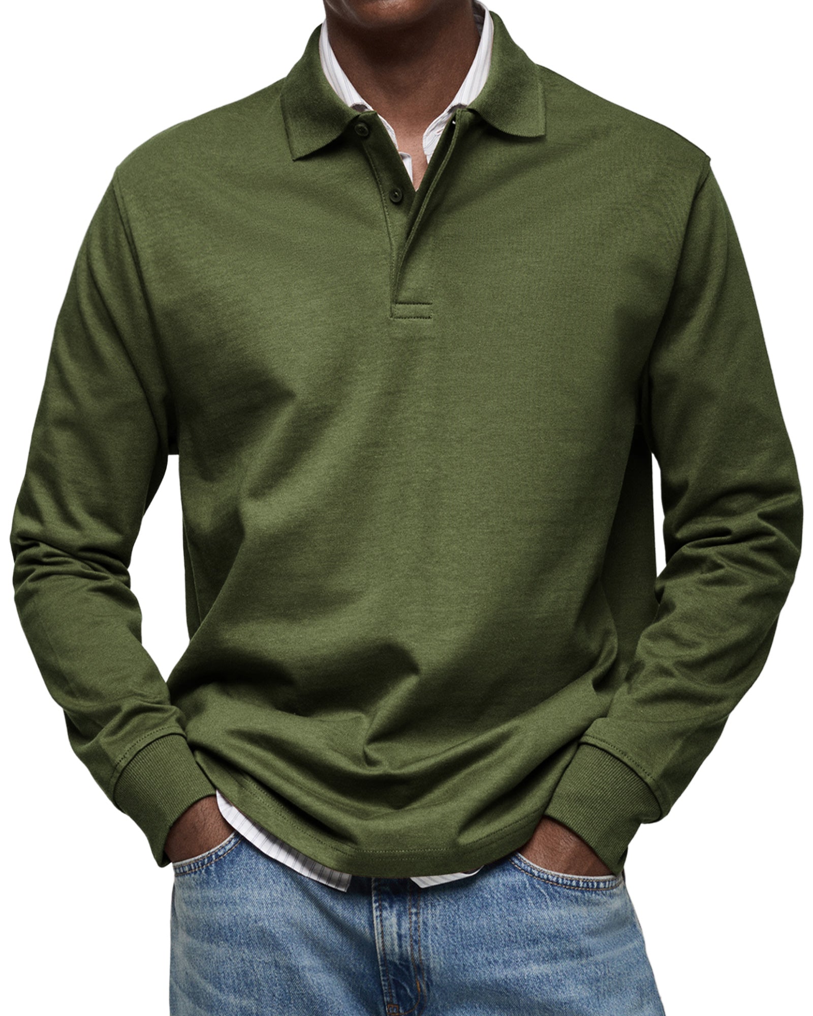 Men's long sleeve polo sweater with collar, button placket and ribbed trims