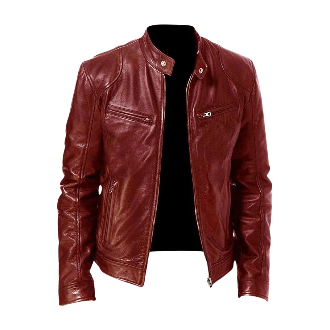 Men's zip front biker jacket with stand collar and zipped pockets