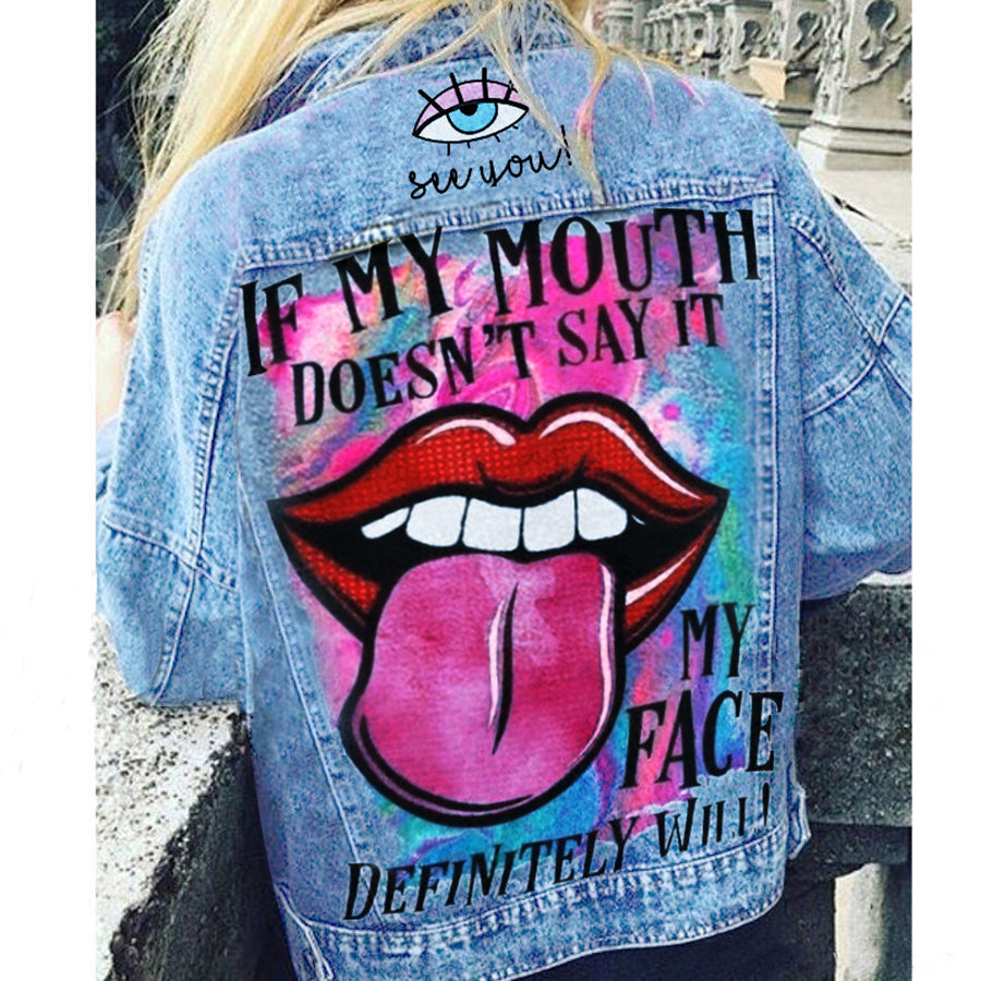Women's graphic print jacket with colourful back artwork and long sleeves
