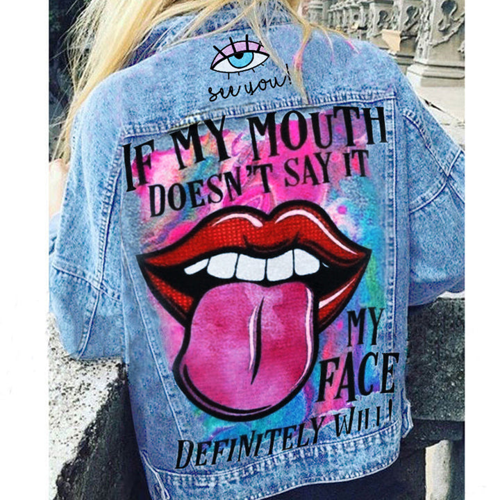 Women's graphic print jacket with colourful back artwork and long sleeves