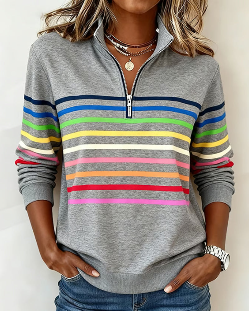 Women's striped quarter zip sweatshirt with mock neck