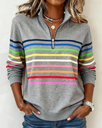 Women's striped quarter zip sweatshirt with mock neck