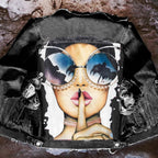 Women's printed denim jacket with portrait graphic and distressed details