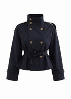 Women's navy cropped trench coat with button front and tie belt