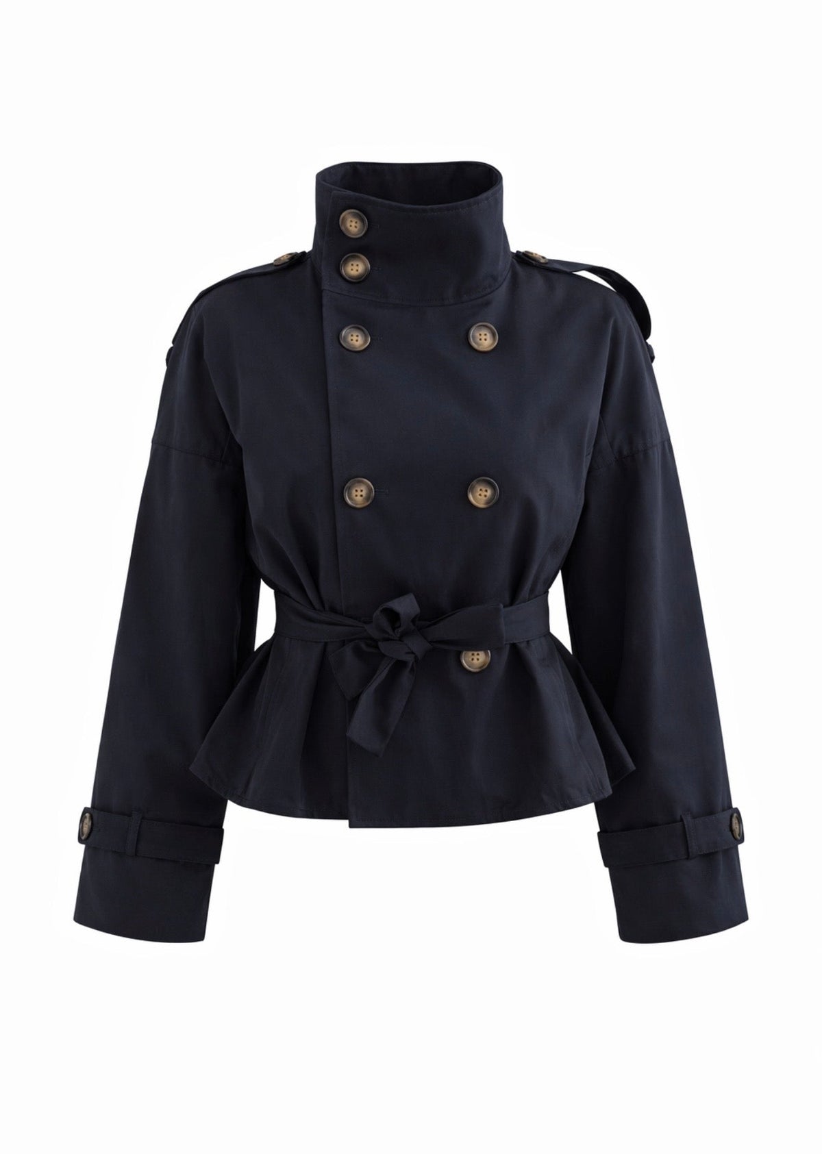Women's navy cropped trench coat with button front and tie belt