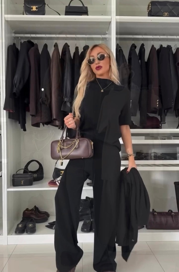 Women's short sleeve knit top and wide-leg trousers set