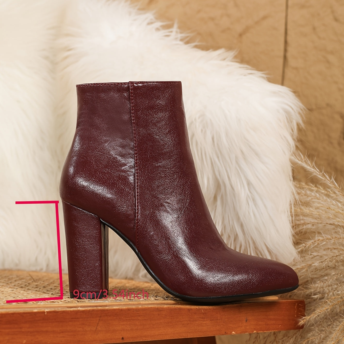 Women's burgundy pointed toe ankle boots with block heels