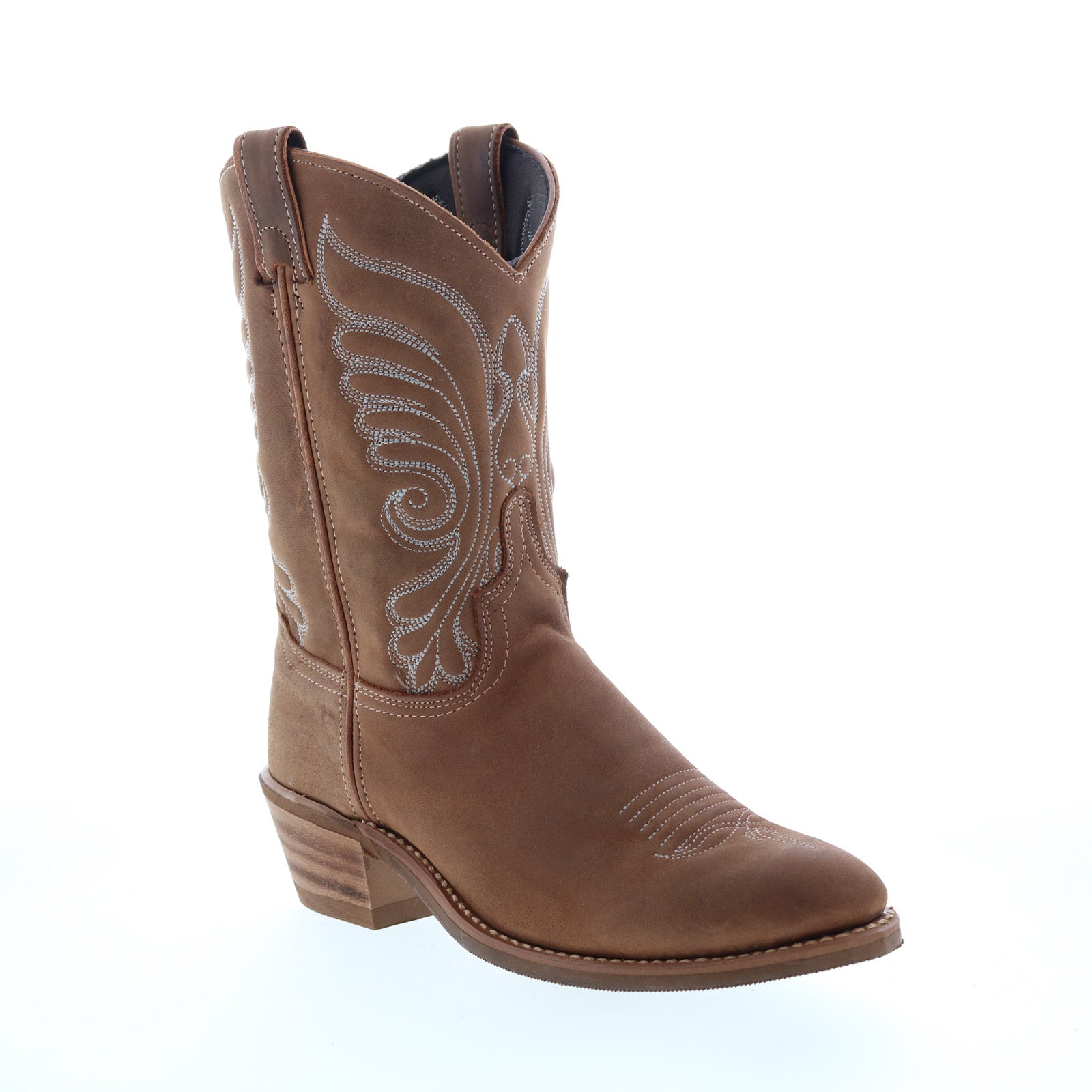 Women's brown cowboy boots with embroidered Western stitching and block heel