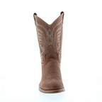 Women's brown cowboy boots with embroidered Western stitching and block heel
