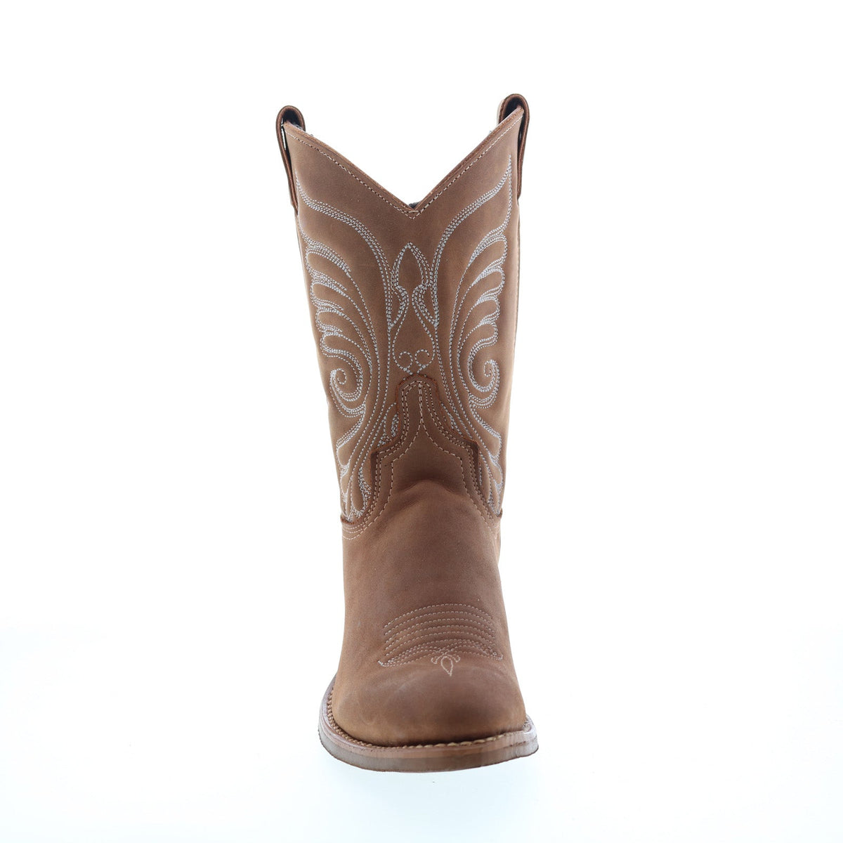 Women's brown cowboy boots with embroidered Western stitching and block heel