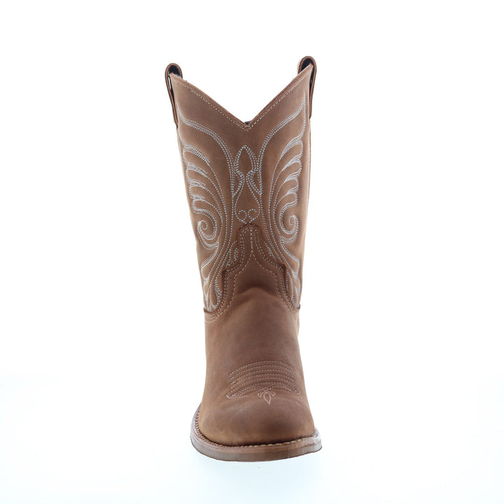 Women's brown cowboy boots with embroidered Western stitching and block heel