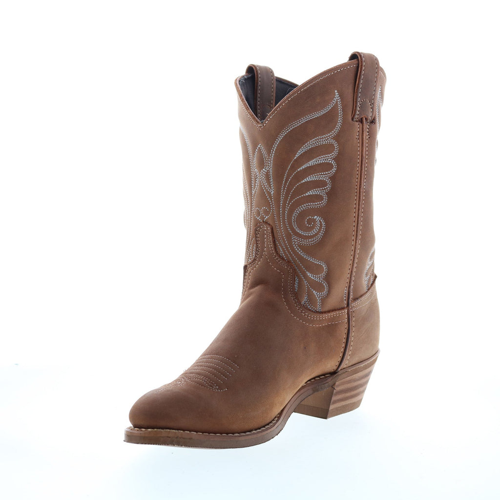Women's brown cowboy boots with embroidered Western stitching and block heel