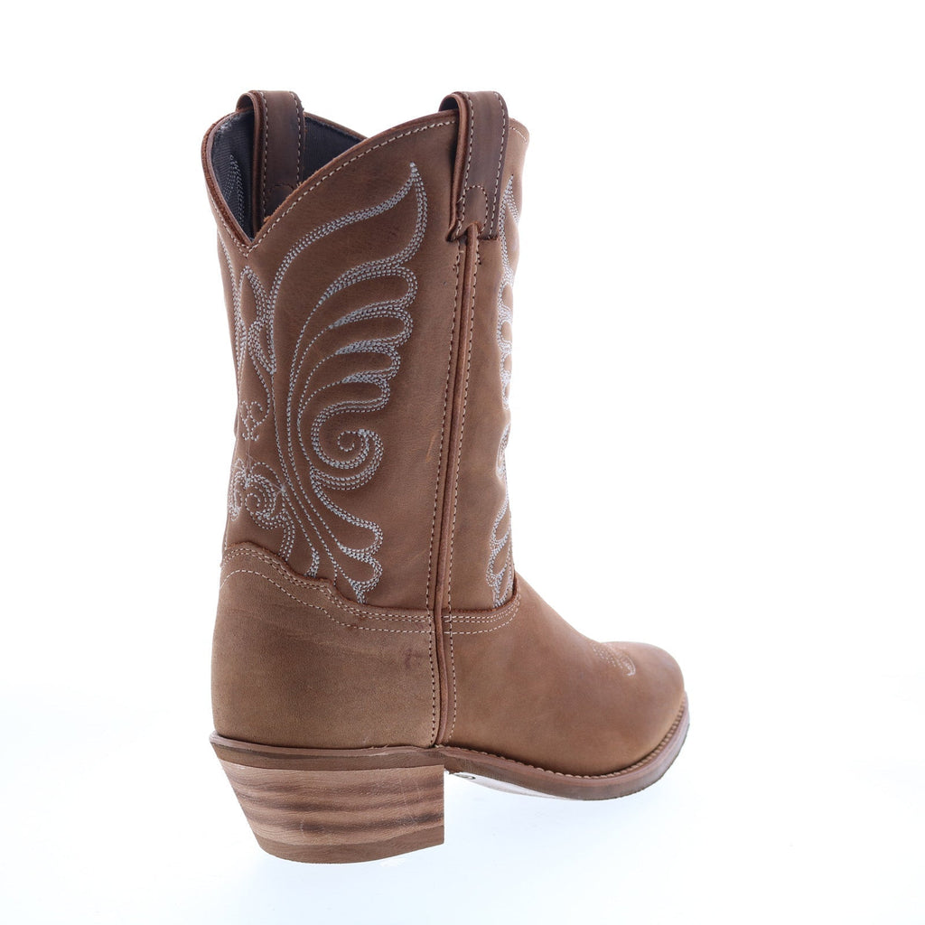 Women's brown cowboy boots with embroidered Western stitching and block heel