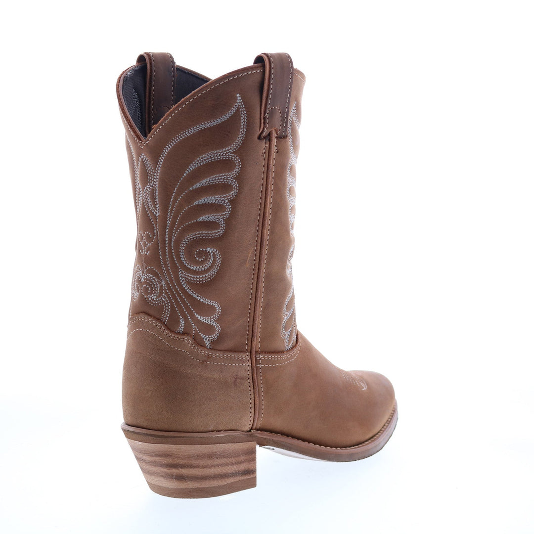 Women's brown cowboy boots with embroidered Western stitching and block heel