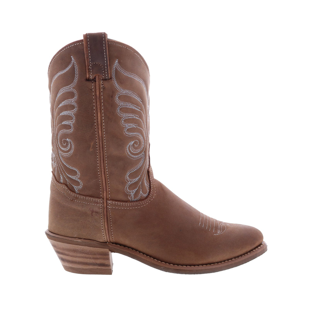 Women's brown cowboy boots with embroidered Western stitching and block heel