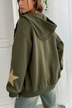 Women's oversized zip hoodie with contrasting star appliques, hood and kangaroo pockets