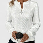 Women's textured quarter-zip sweater with long sleeves and ribbed trims
