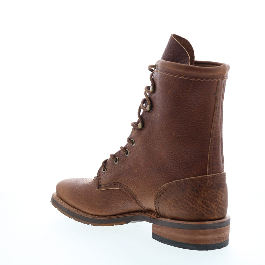 Women's brown embroidered lace-up cowboy boots with round toe and low heel