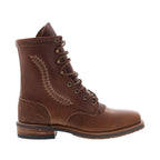 Women's brown embroidered lace-up cowboy boots with round toe and low heel