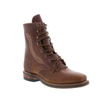 Women's brown embroidered lace-up cowboy boots with round toe and low heel