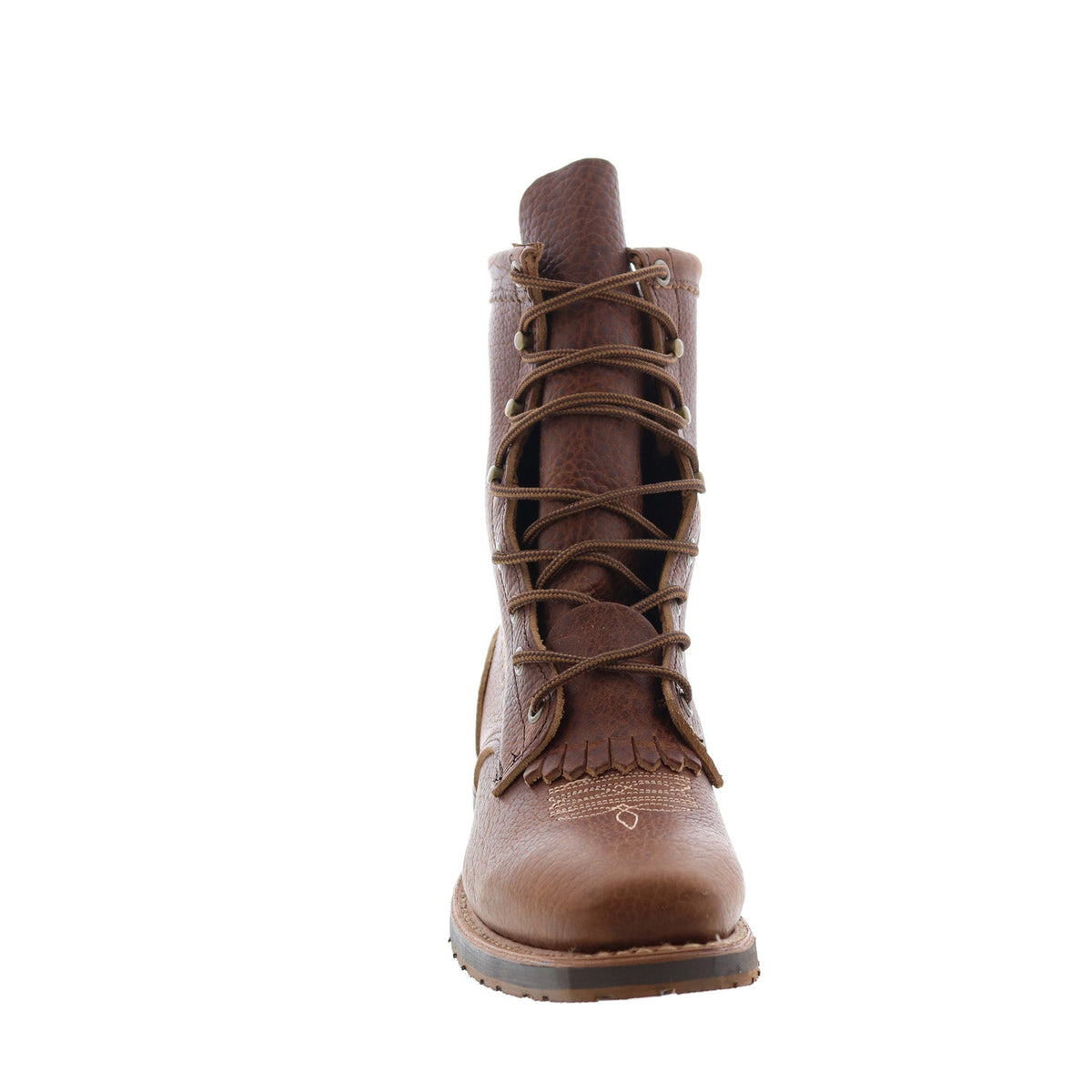 Women's brown embroidered lace-up cowboy boots with round toe and low heel