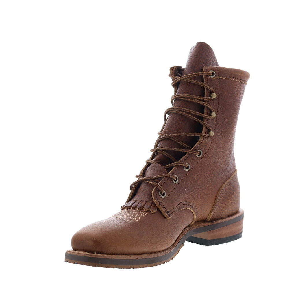 Women's brown embroidered lace-up cowboy boots with round toe and low heel