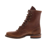 Women's brown embroidered lace-up cowboy boots with round toe and low heel