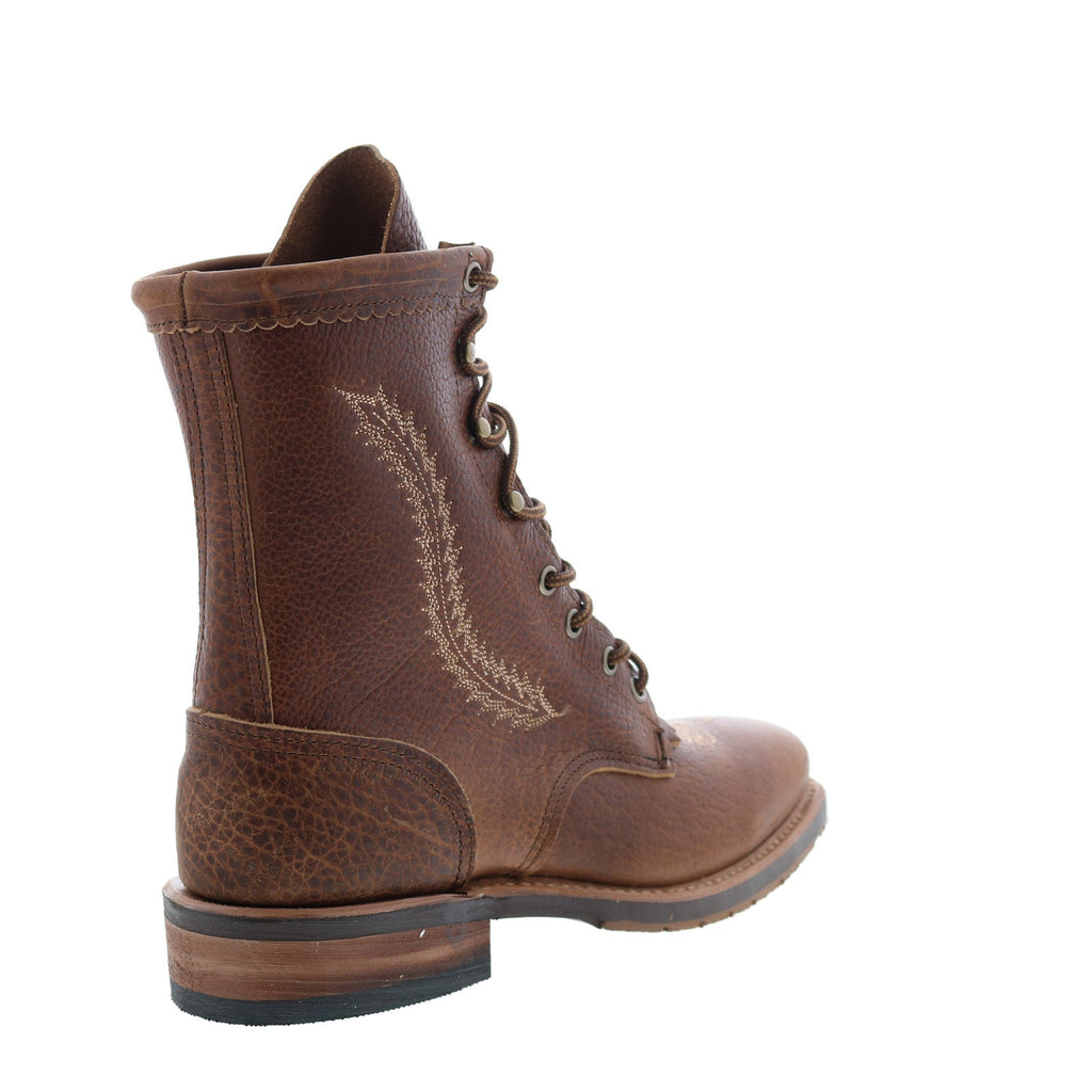 Women's brown embroidered lace-up cowboy boots with round toe and low heel