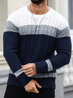 Men's long-sleeve colour-block cable knit sweater with crew neck