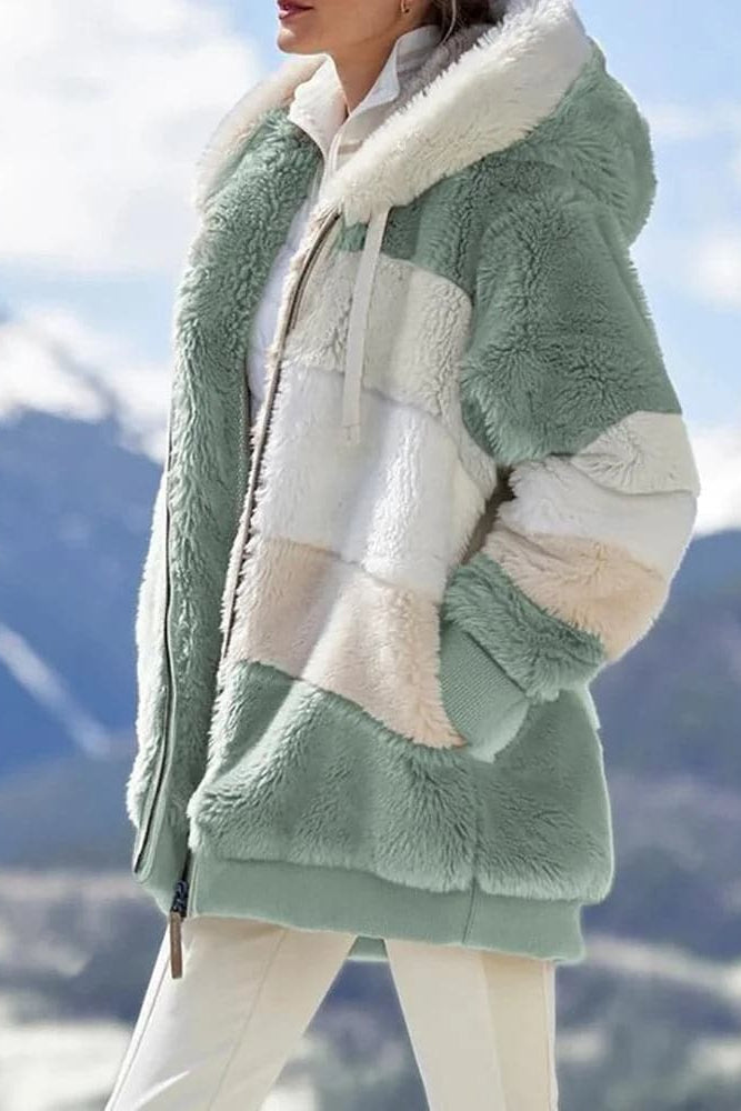 Women's striped hooded zip hoodie with plush textured finish and front pockets