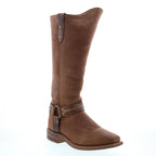 Women's brown knee high western boots with studded ankle straps and low block heel