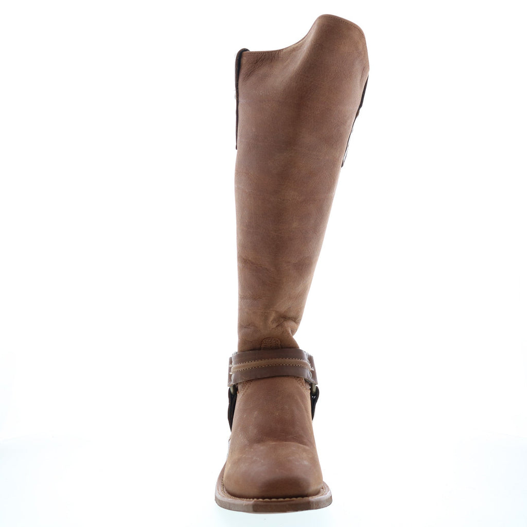 Women's brown knee high western boots with studded ankle straps and low block heel
