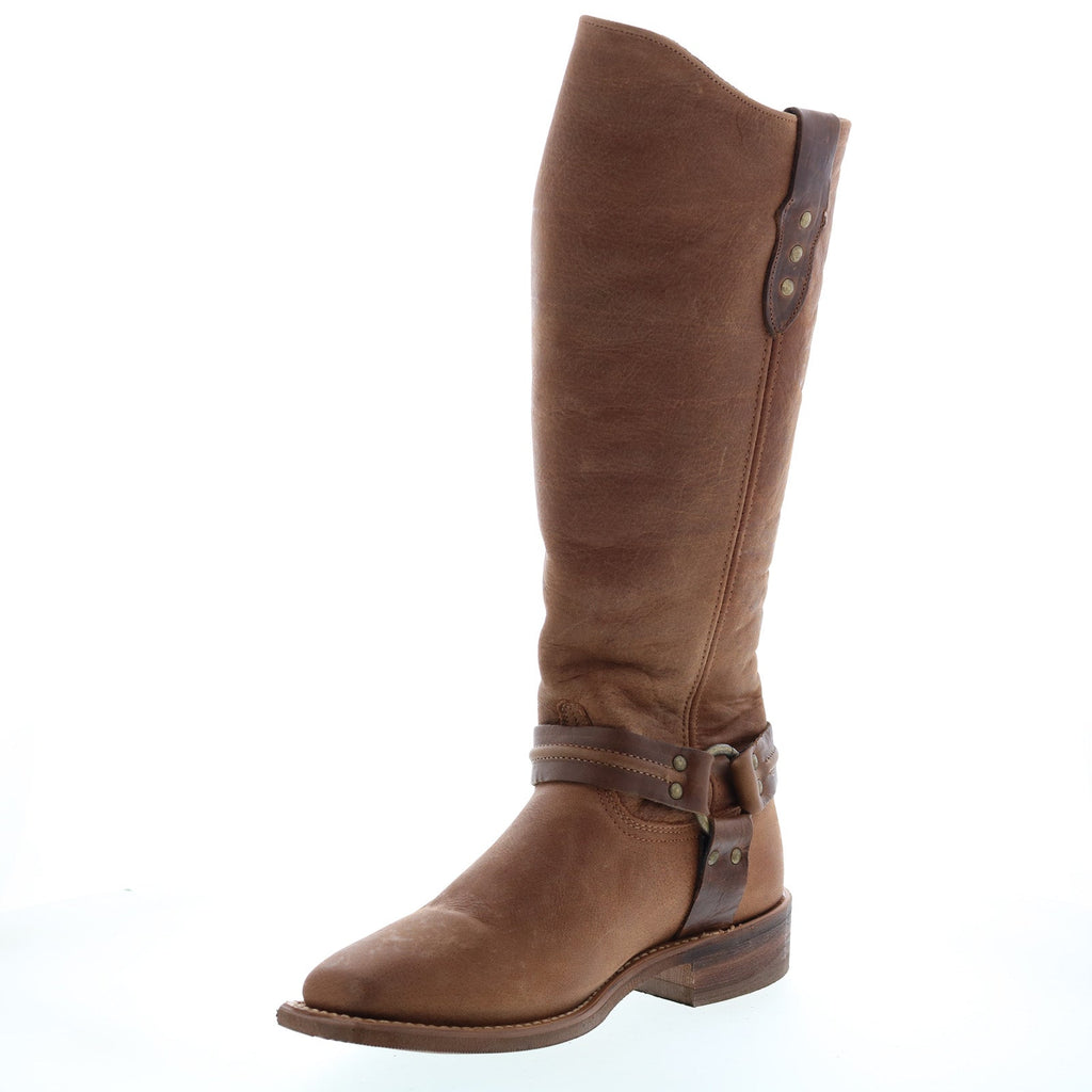 Women's brown knee high western boots with studded ankle straps and low block heel