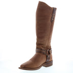 Women's brown knee high western boots with studded ankle straps and low block heel
