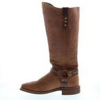 Women's brown knee high western boots with studded ankle straps and low block heel