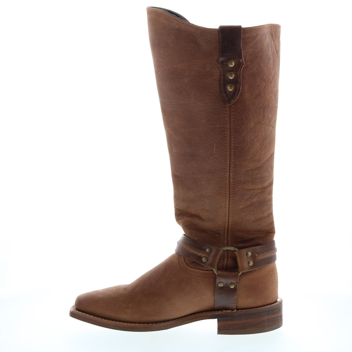 Women's brown knee high western boots with studded ankle straps and low block heel