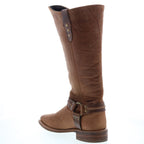 Women's brown knee high western boots with studded ankle straps and low block heel