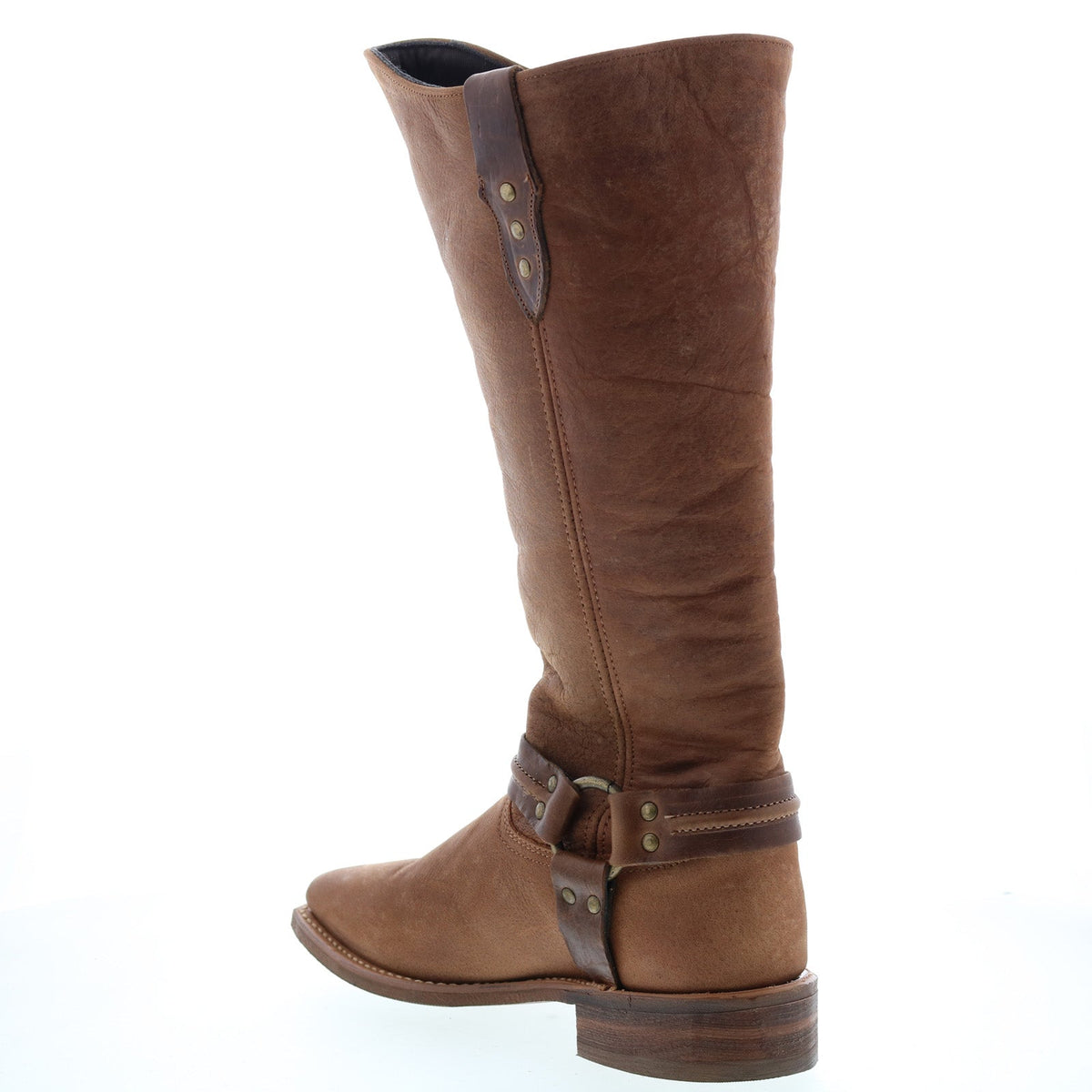 Women's brown knee high western boots with studded ankle straps and low block heel